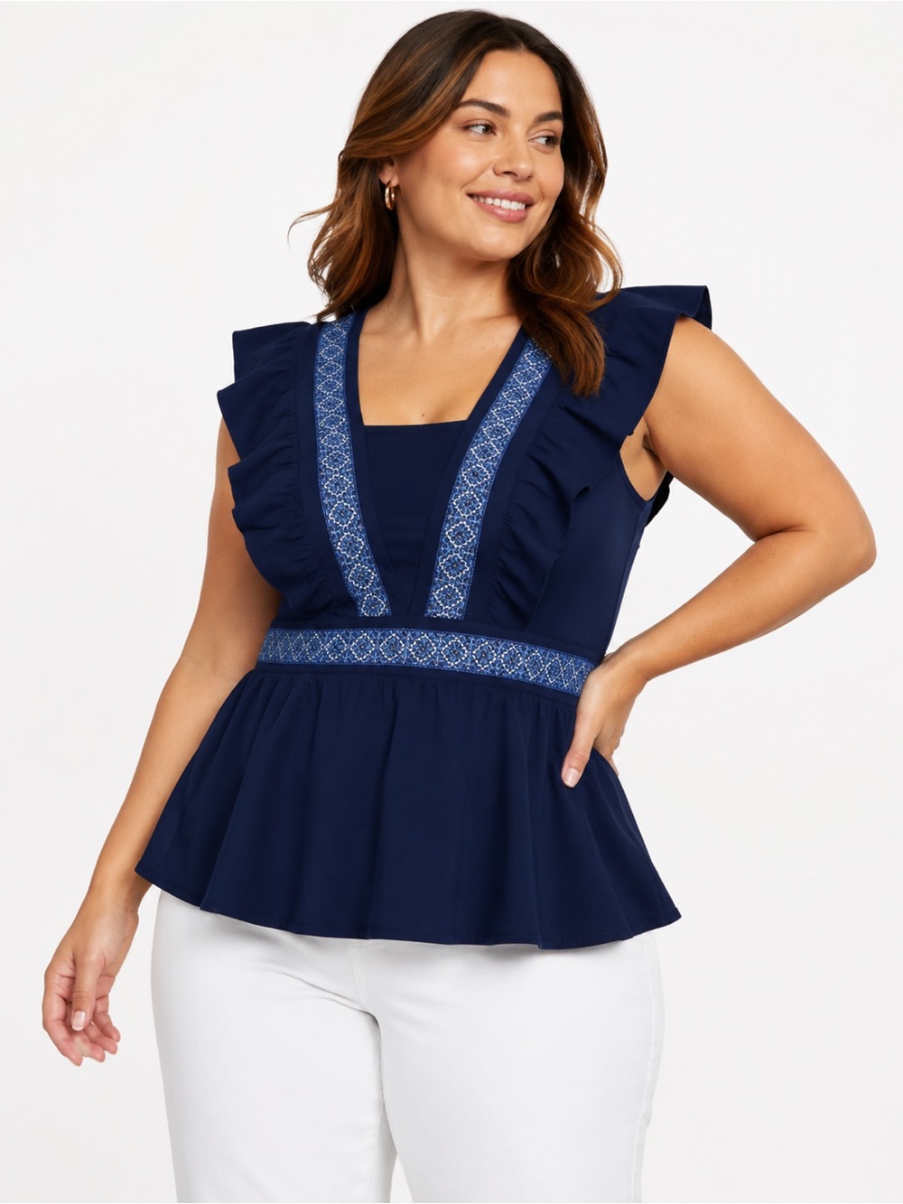 Lands’ End Women’s Peplum Top Size L Ruffle Sleeve Square Neck
